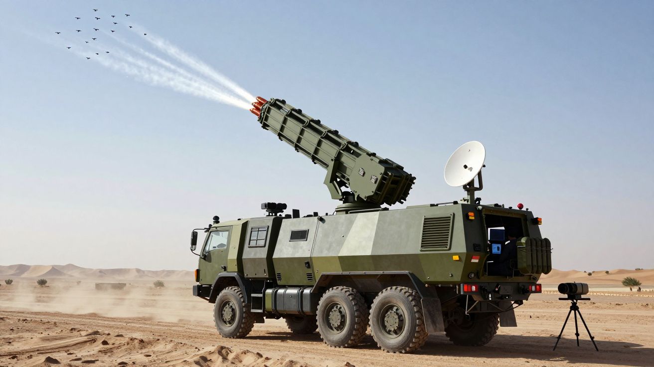 Veículo militar com sistema de lançamento de mísseis a disparar no deserto, com aves a voar ao fundo.