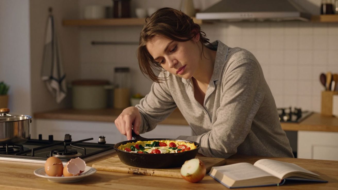 Mulher numa cozinha a preparar uma omeleta com vegetais, com livro aberto e ingredientes na bancada.