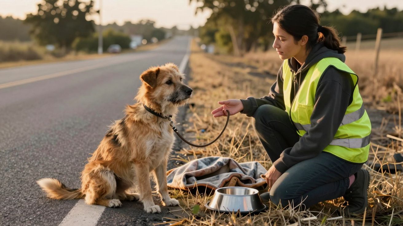Mulher de colete refletor ajuda cão abandonado na berma de estrada com tigela de água e cobertor.