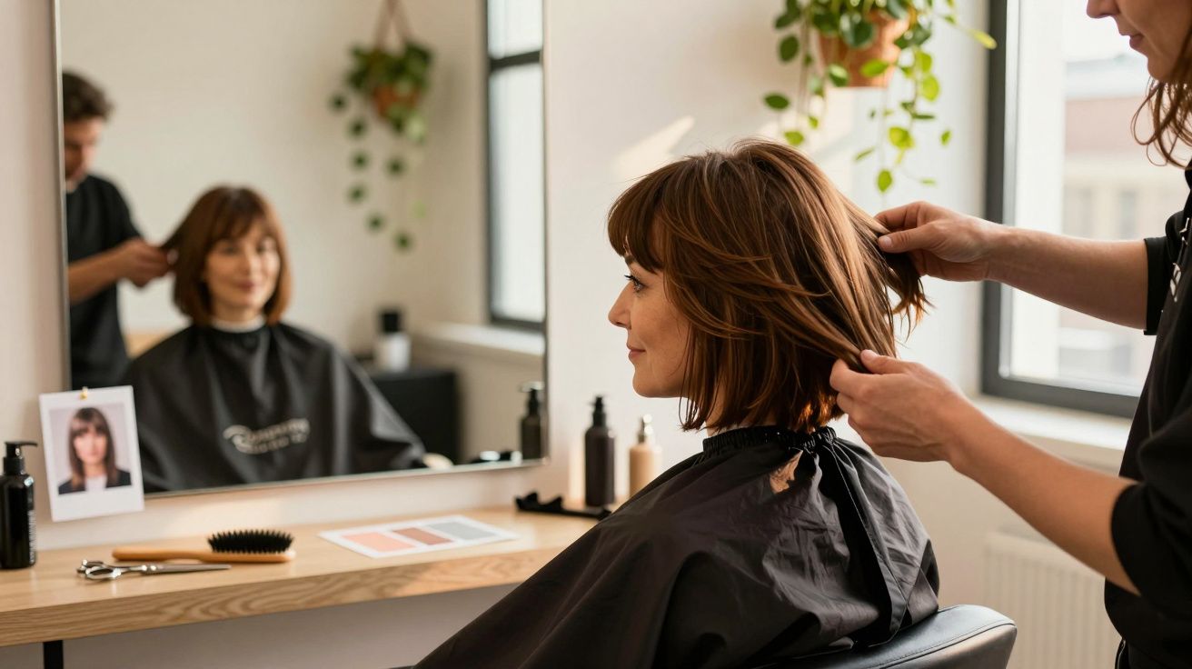 Mulher jovem sentada num salão de cabeleireiro, a ser penteada por um cabeleireiro.
