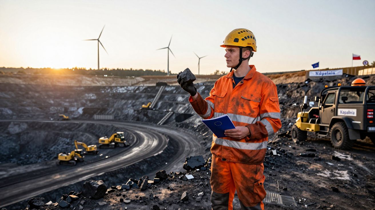 Trabalhador de mineração com capacete e fato laranja segura amostra de carvão em mina a céu aberto ao pôr do sol.