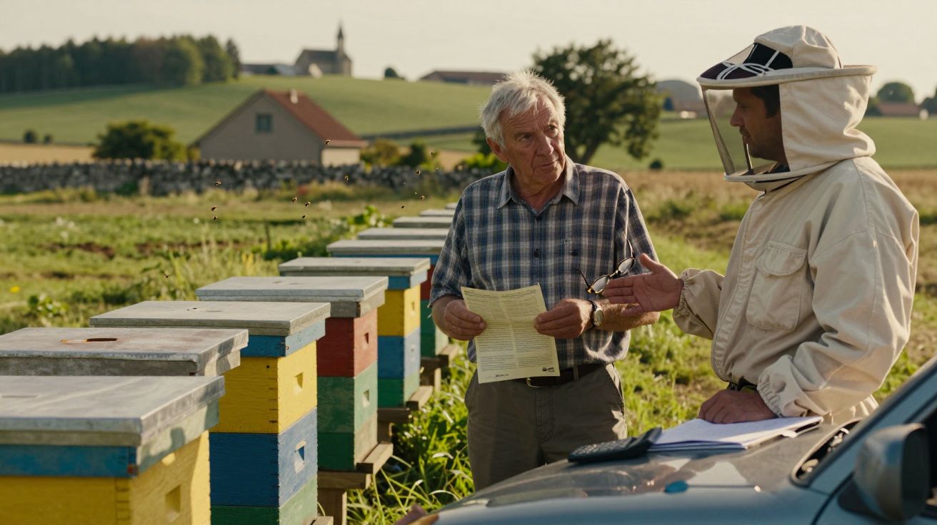 Dois homens discutem junto a colmeias coloridas numa apicultura rural, um com fato de apicultor e o outro com papel na mão.