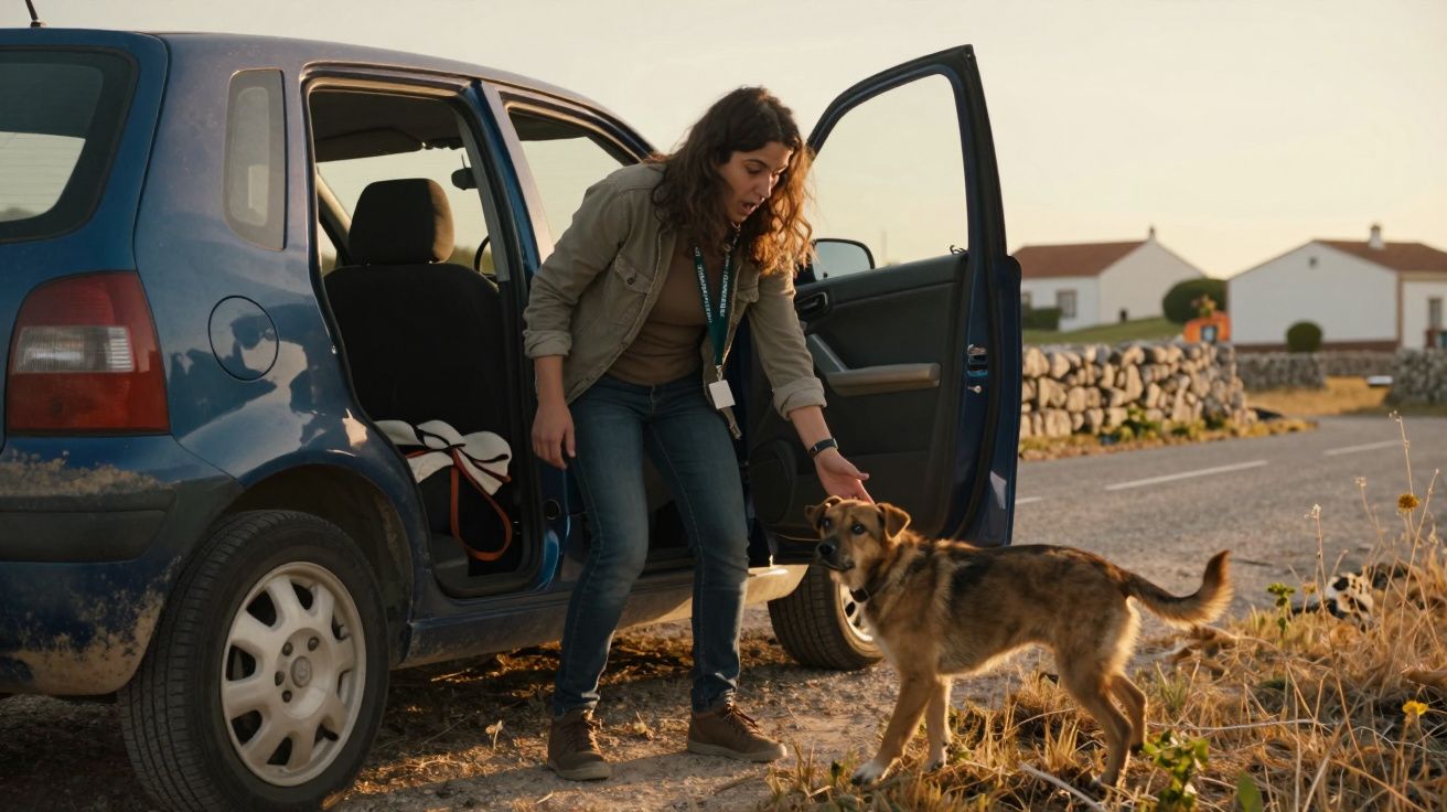 Mulher baixa de cabelos cacheados junto a carro azul com porta aberta a acariciar cão castanho e preto num caminho rural.