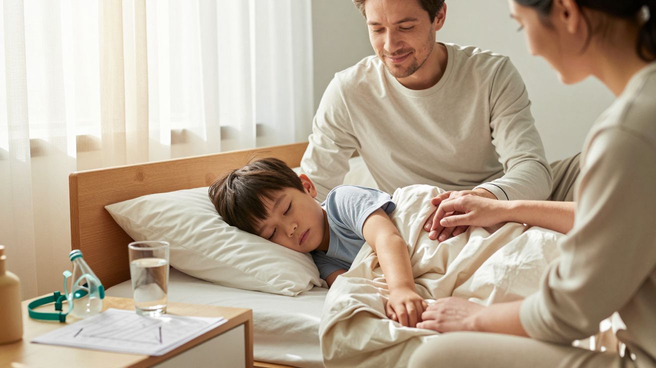 Criança doente deitada na cama enquanto dois adultos a confortam numa sala iluminada pela luz natural.