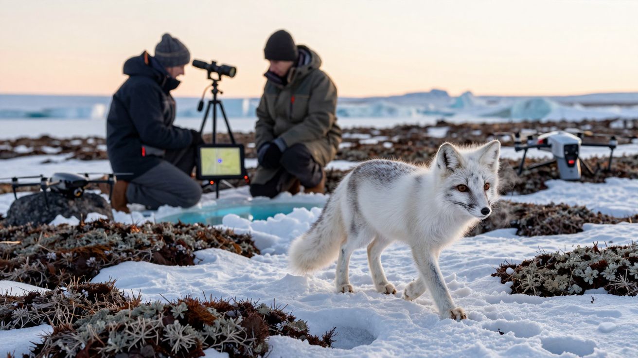 Raposa ártica na neve com dois investigadores ao fundo a usar equipamento de observação e drone.