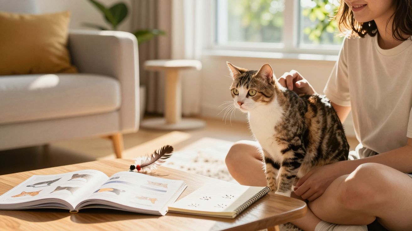 Mulher sentada no chão a acariciar um gato junto a mesa com livros e brinquedo de pena.