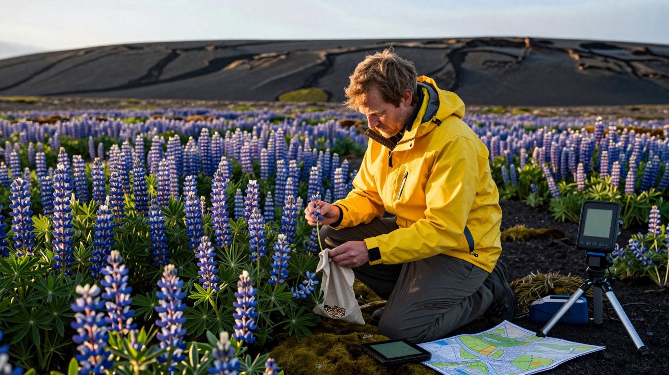Homem com casaco amarelo agachado num campo de flores roxas a recolher amostras para investigação.