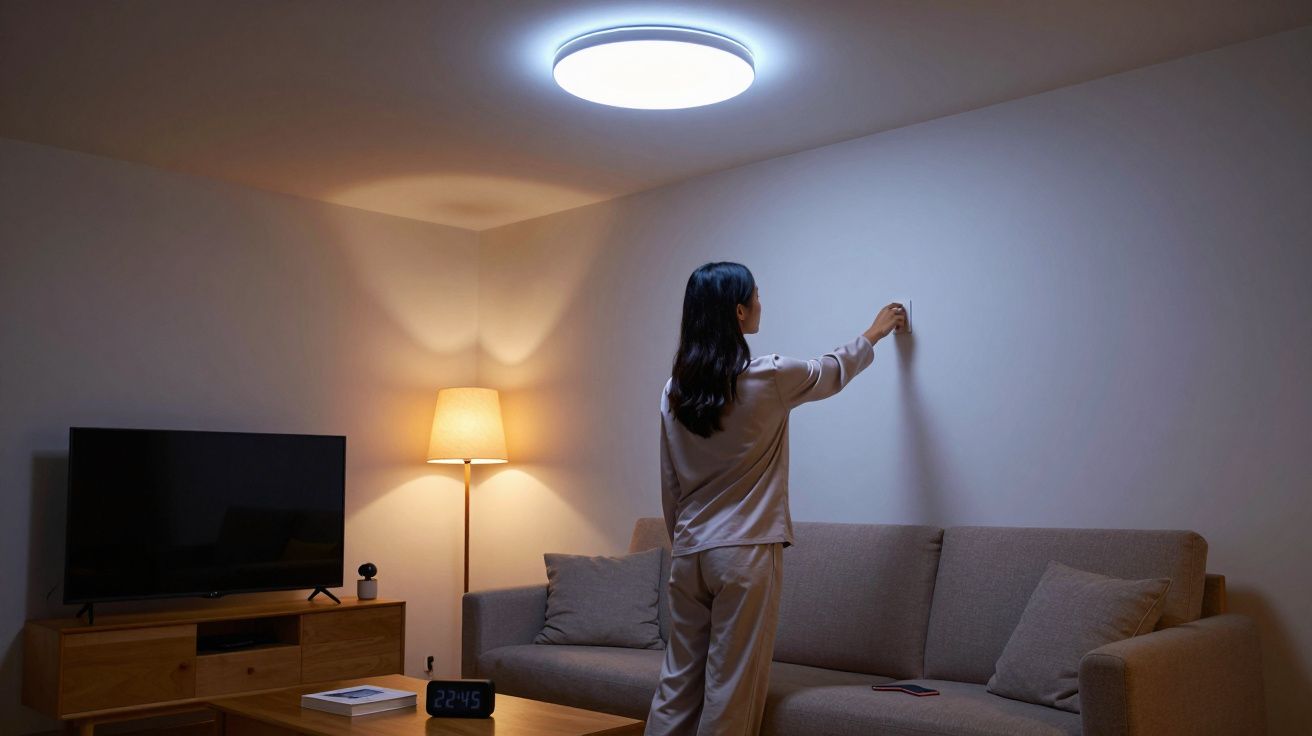 Mulher em pijama ajusta luz de teto numa sala com sofá, candeeiro e televisão desligada à noite.