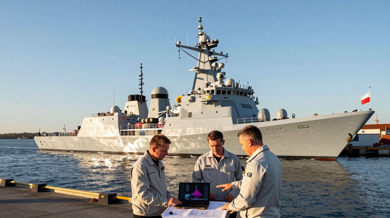 Três homens em uniforme naval analisam mapas e computador à beira de um navio de guerra atracado no porto.