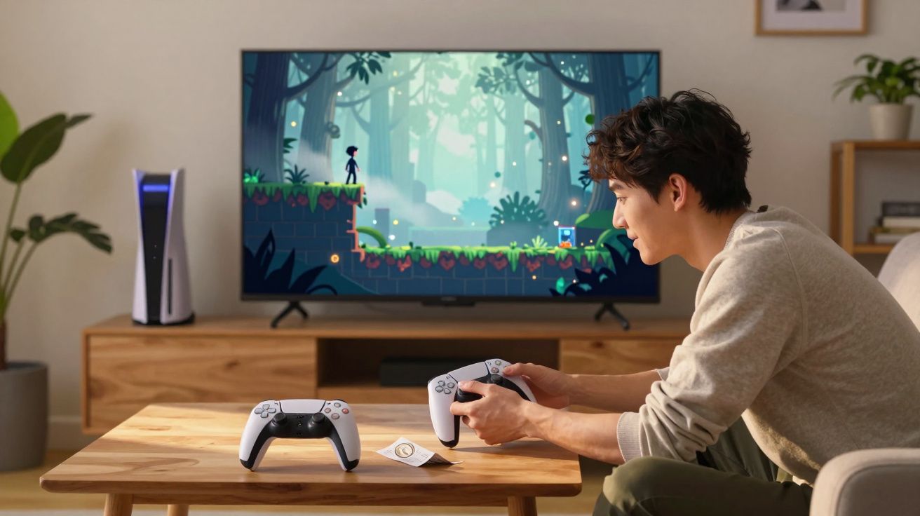 Homem joga videojogo com comandos PS5 numa sala com TV, consola e decoração simples.