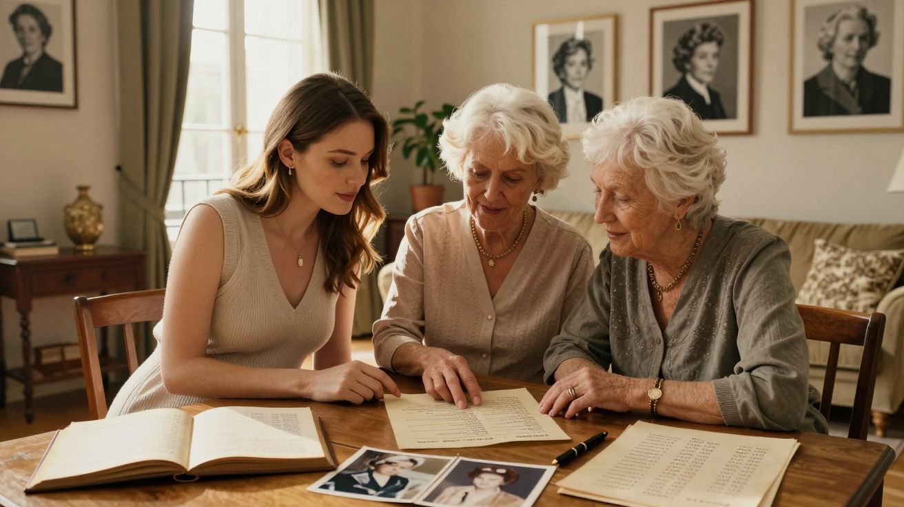 Três mulheres de gerações diferentes sentadas à mesa a analisar fotografias e documentos antigos numa sala iluminada.