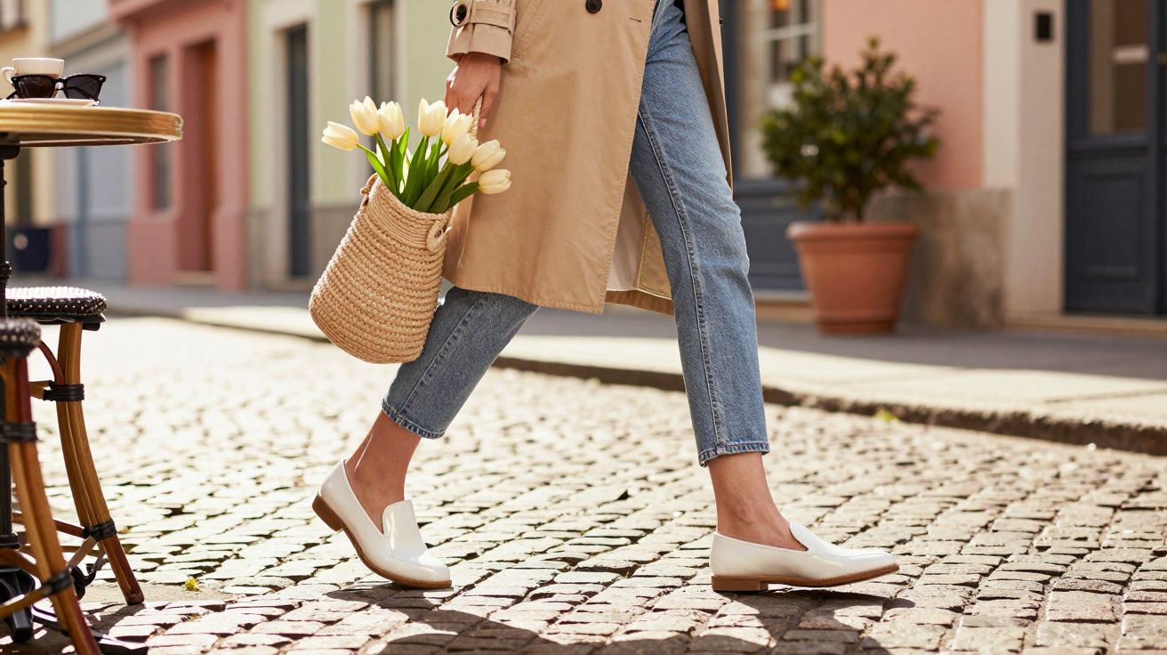 Pessoa de casaco bege e jeans, a andar numa rua de calçada, com saco de palha e flores brancas.