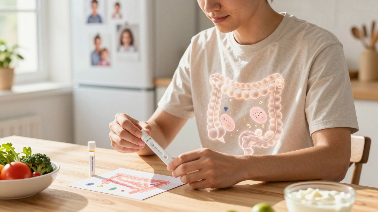 Pessoa a realizar teste de microbiota intestinal com ilustração do intestino sobreposta ao corpo.