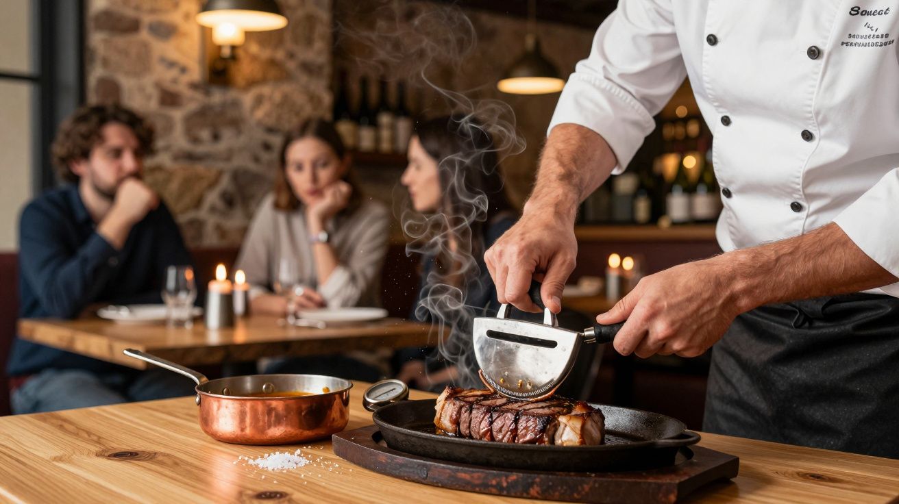 Chef a preparar bife fumegante numa chapa, com três pessoas a observar numa mesa ao fundo, em restaurante acolhedor.