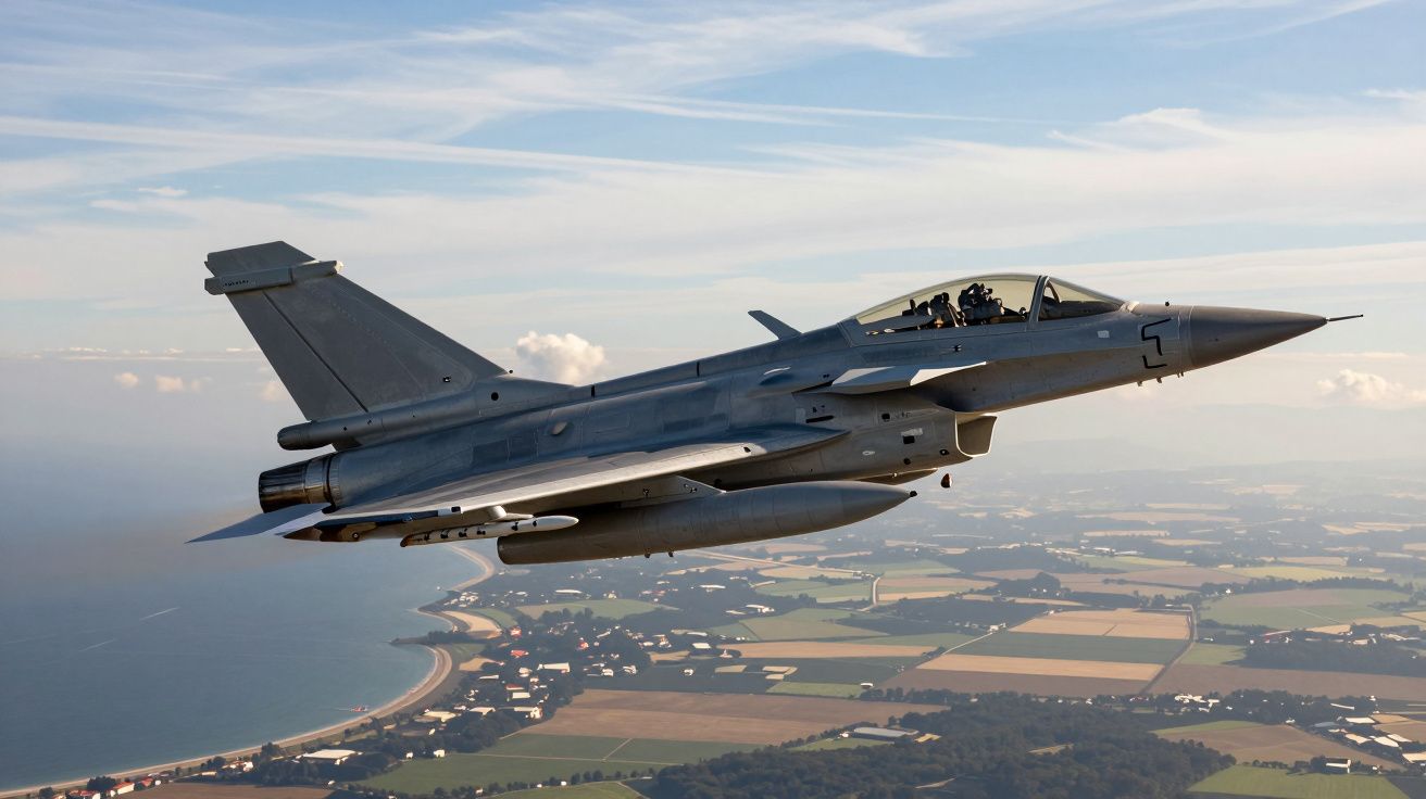 Caça militar a jato cinzento a voar sobre paisagem costeira com campos e mar, em dia claro.