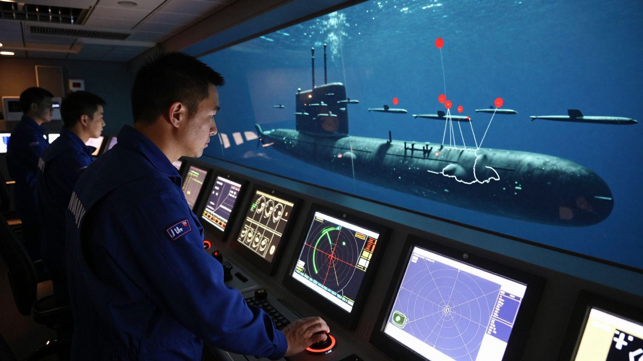 Homens em uniforme navy operam sistemas de controlo com simulação digital de submarino à frente.