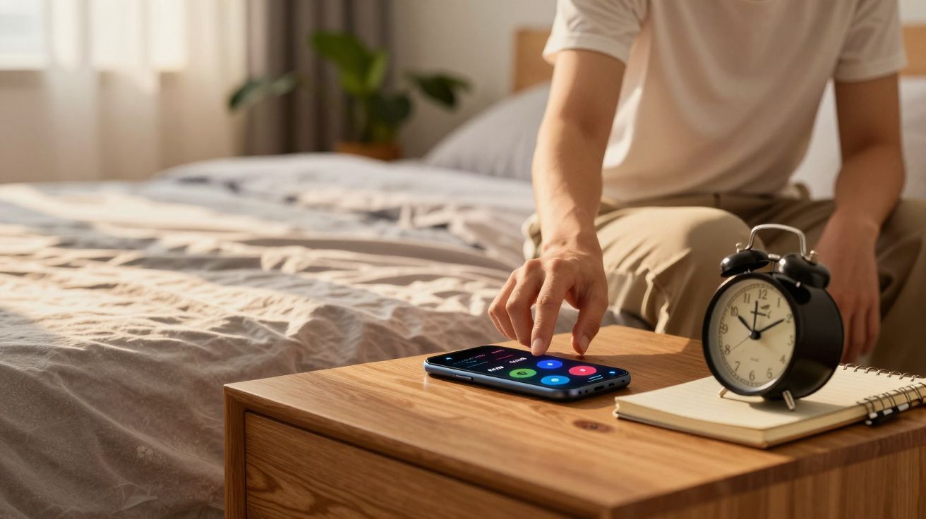 Pessoa sentada na cama a usar um smartphone na mesa de cabeceira com um relógio despertador e um caderno.