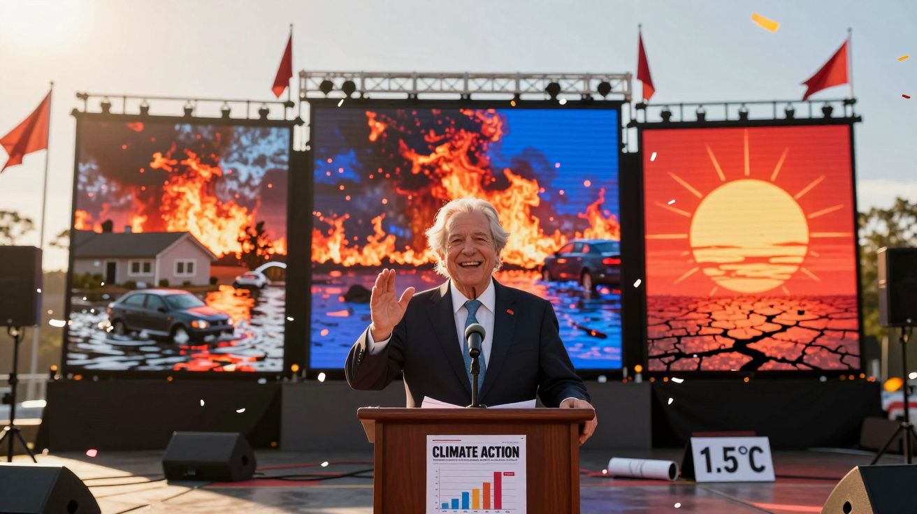 Homem fala em púlpito com gráficos de ação climática, incêndios florestais e sol ardente ao fundo.