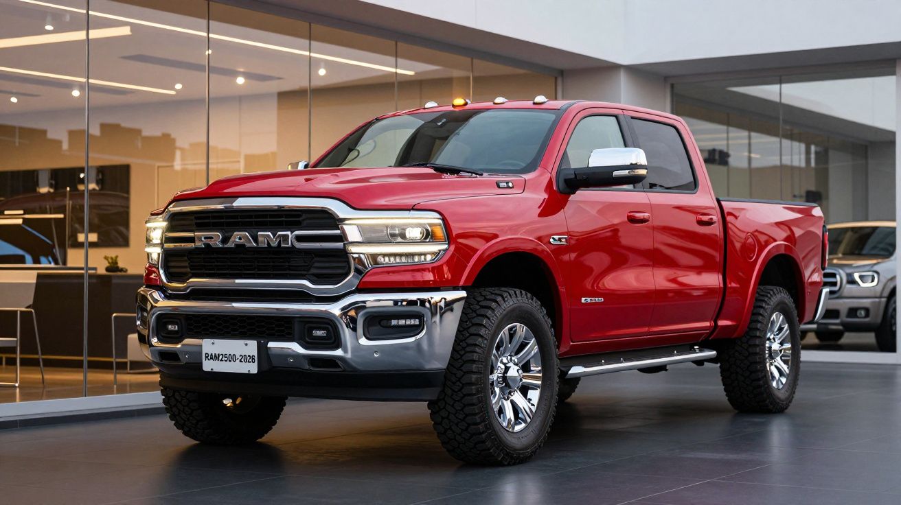 Pick-up vermelha RAM 2500 com pneus robustos estacionada em espaço interior moderno.