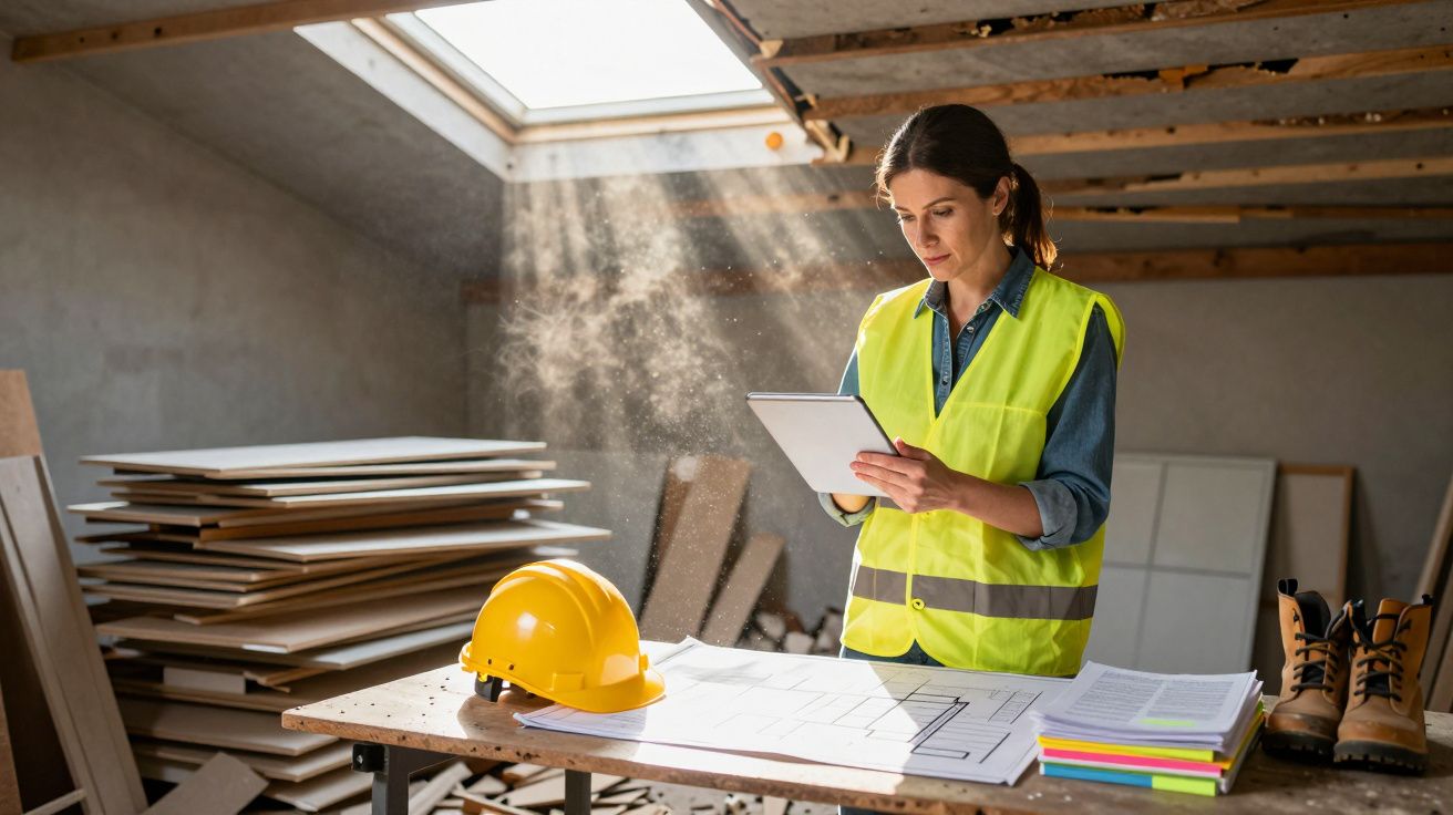 Mulher com colete refletor consulta tablet numa obra com capacete e documentos sobre a mesa.