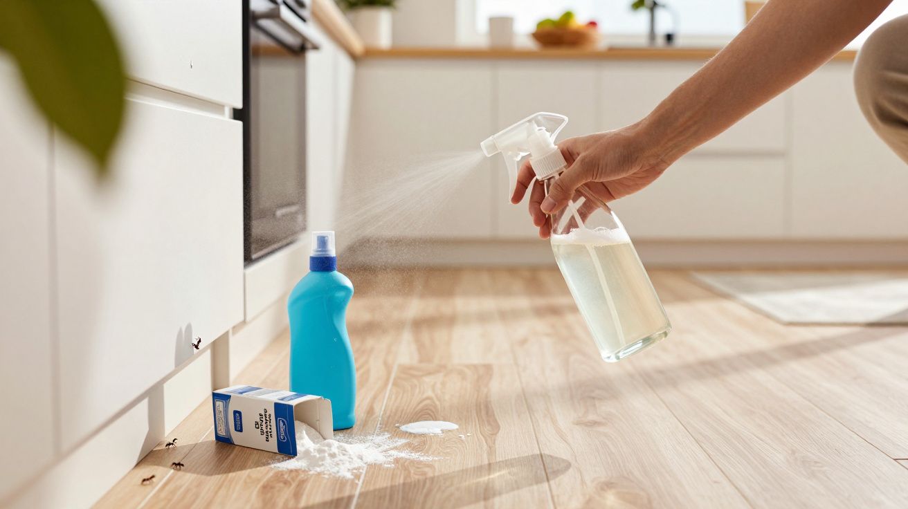 Mão a borrifar produto de limpeza no chão junto a insetos e produtos de limpeza derramados numa cozinha.