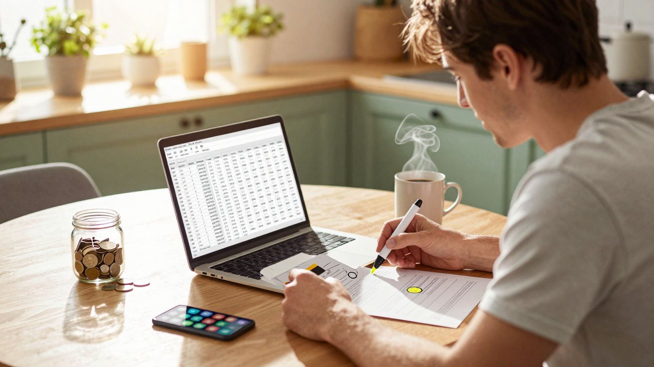 Pessoa a trabalhar à secretária com computador portátil, a sublinhar documentos, com moedas e chá perto