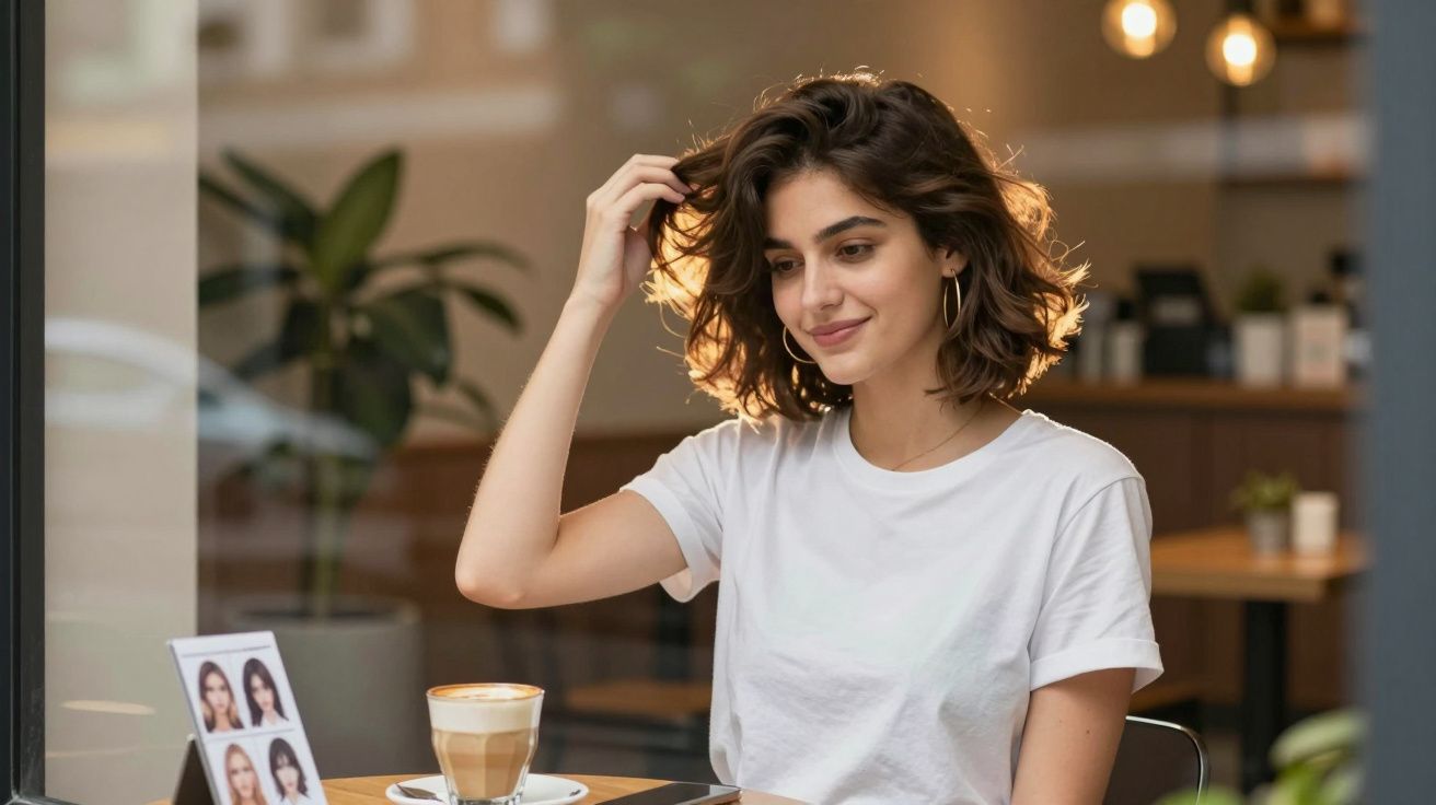 Jovem sentada numa cafetaria, com chávena de café à frente, a tocar o cabelo e sorrir ligeiramente.