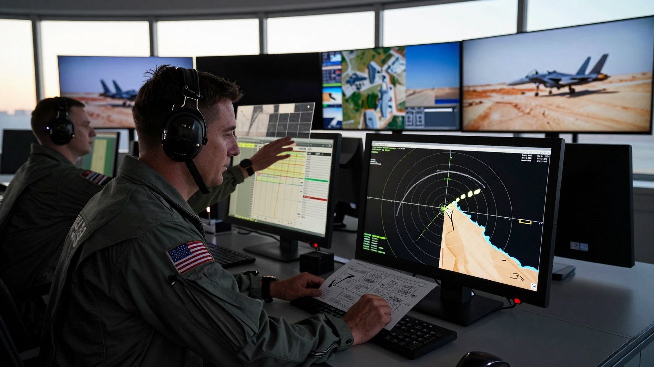 Militares em controlo com fones de ouvido monitorizam radar e imagens de jatos de combate em ambiente de comando.