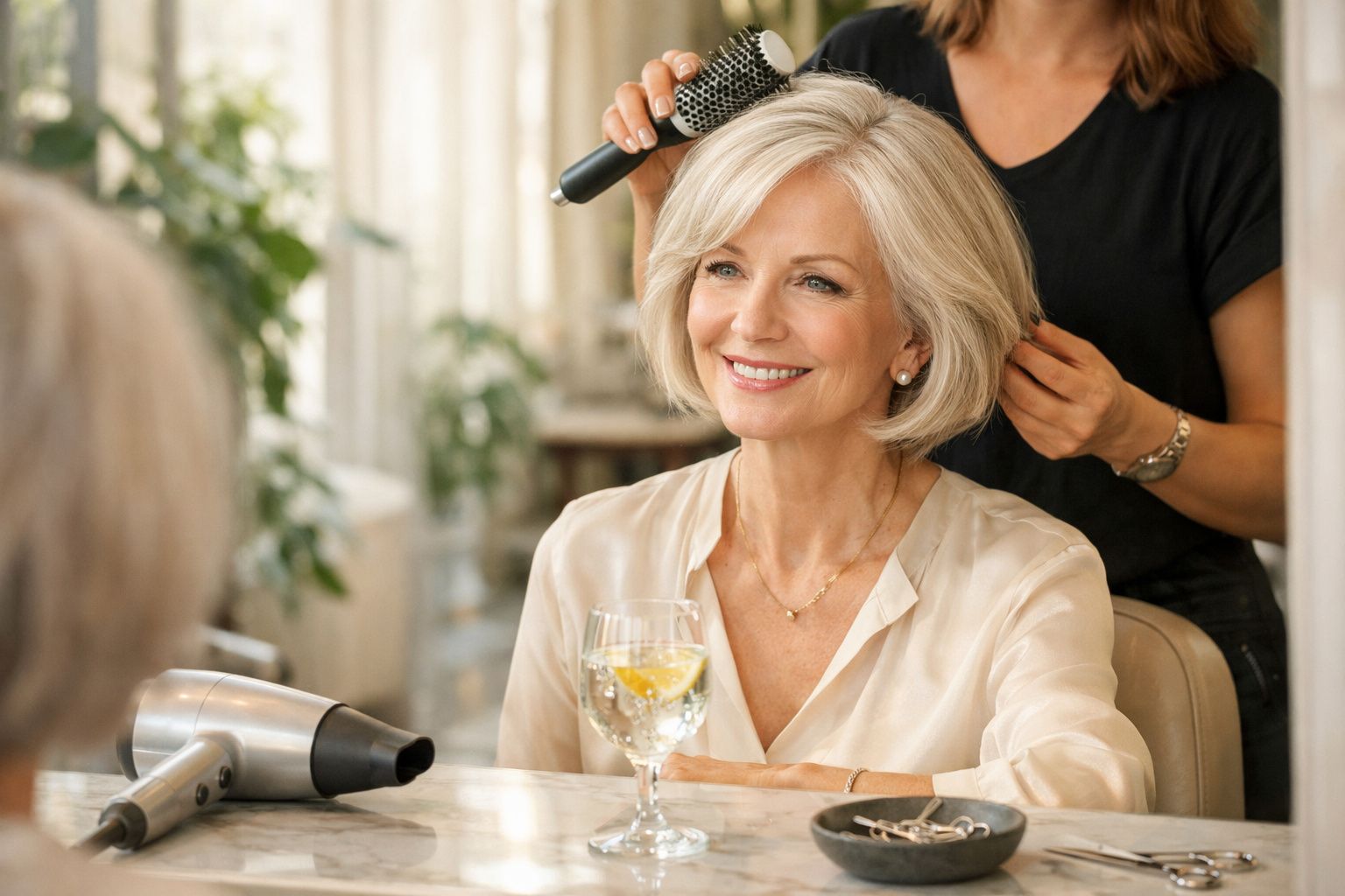 Mulher madura sorridente num salão de cabeleireiro a receber penteado, com copo de bebida na mão.