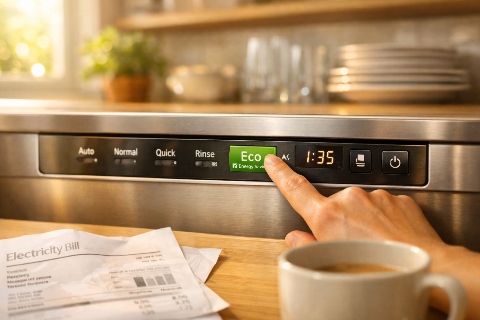 Mão a premir o botão Eco num painel de máquina de lavar loiça inox com conta decrescente.