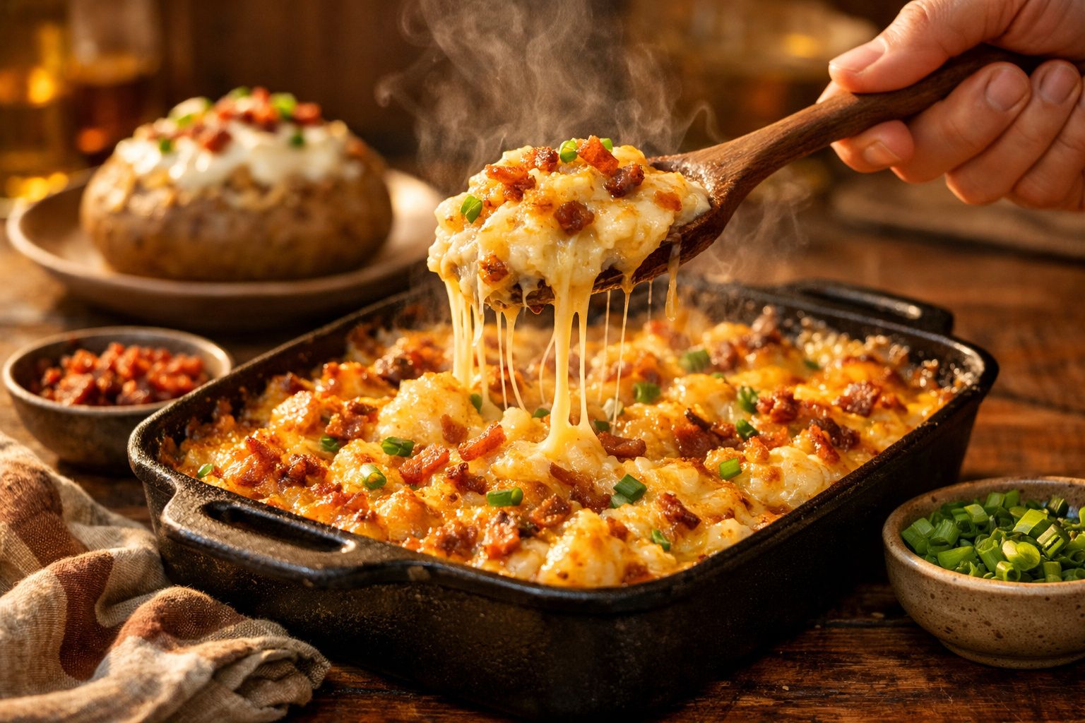 Prato de batatas cremosas gratinadas com queijo derretido, bacon e cebolinha num tabuleiro preto, a fumegar.