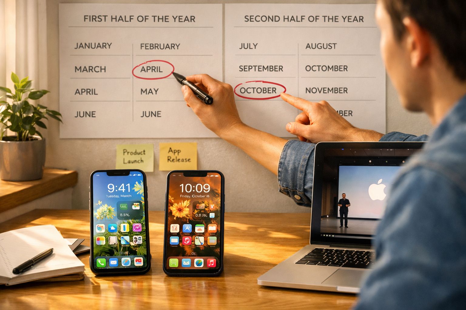 Pessoa a apontar para os meses abril e outubro num calendário, com dois telemóveis e um portátil numa mesa.