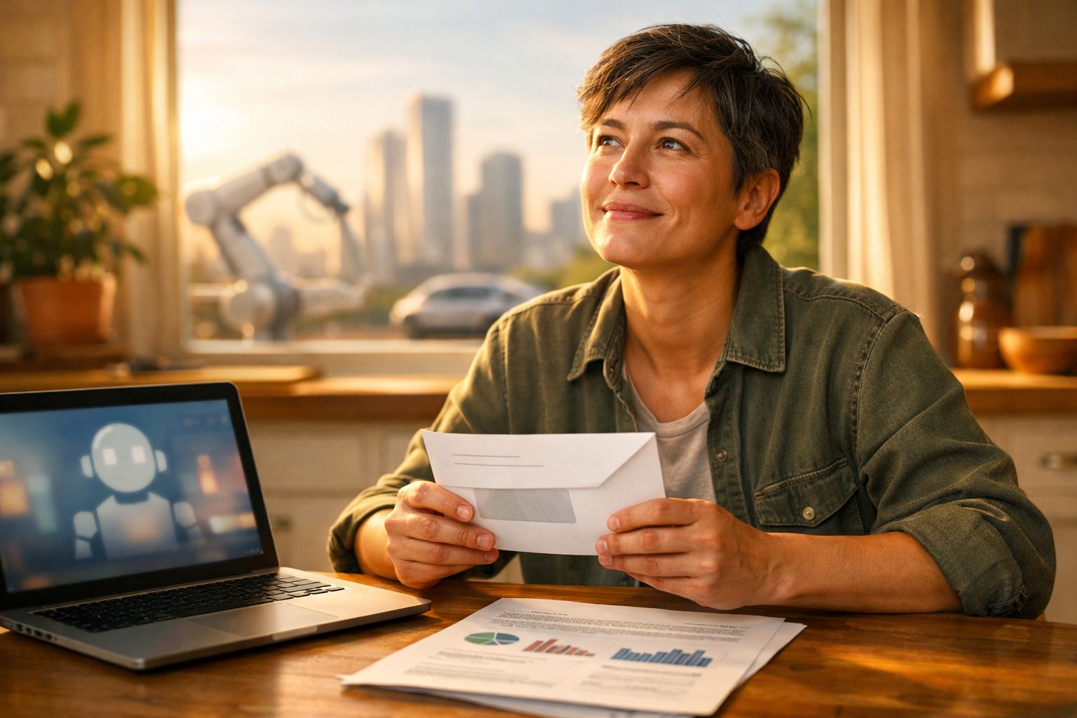 Mulher a sorrir segurando envelope sentada à mesa com computador portátil e documentos, à luz do dia.