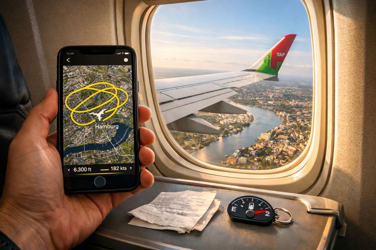 Vista da asa de um avião TAP sobrevoando a cidade, e um telemóvel com app de voo mostrando rota sobre Hamburgo.