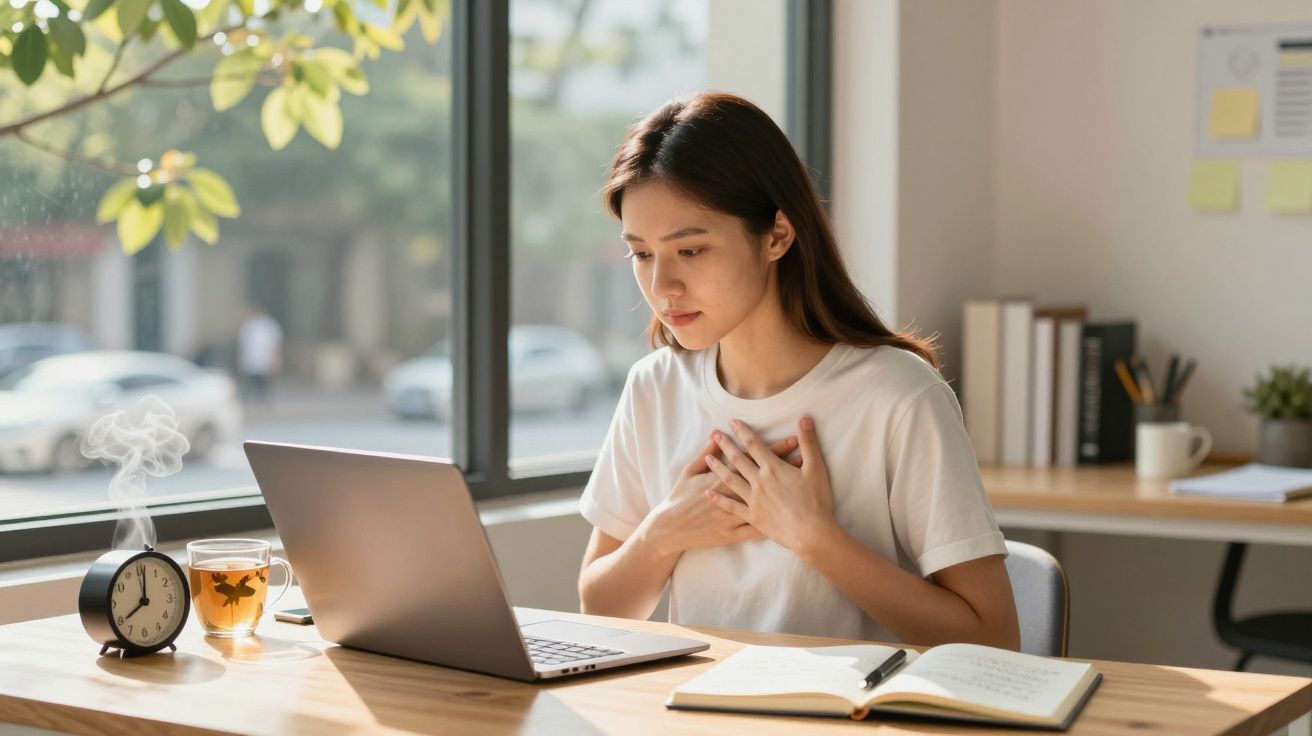 Mulher sentada à secretária com mãos no peito, olhando para o computador portátil numa sala iluminada.