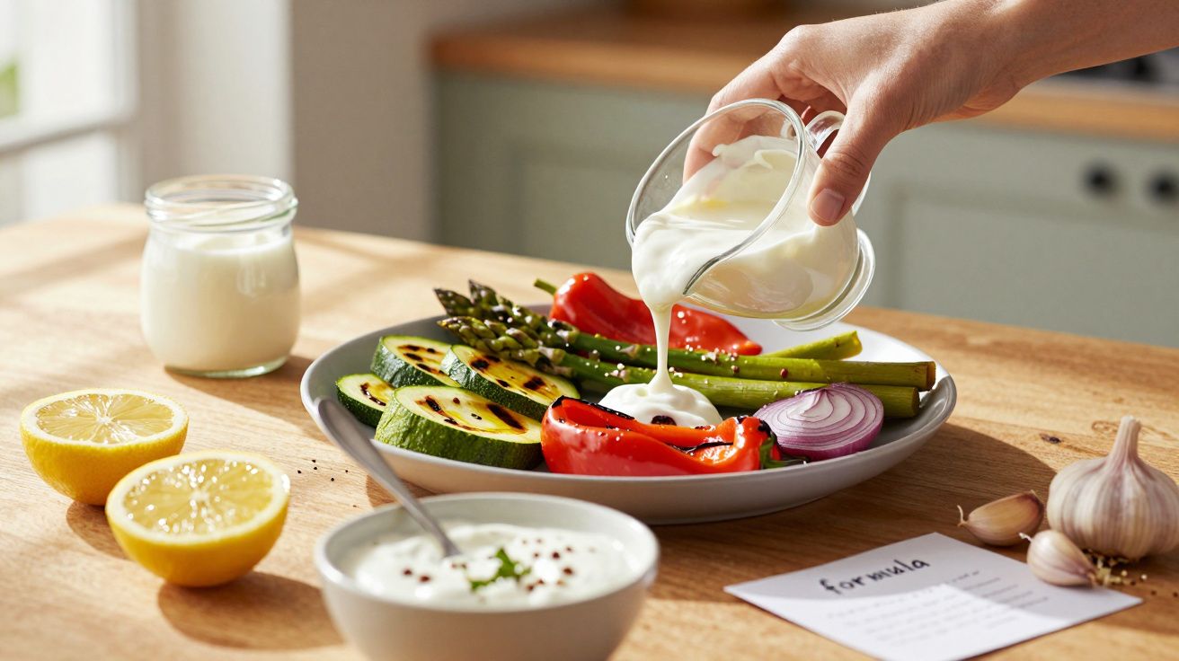Pessoa a deitar molho branco em vegetais grelhados num prato numa mesa de cozinha iluminada.