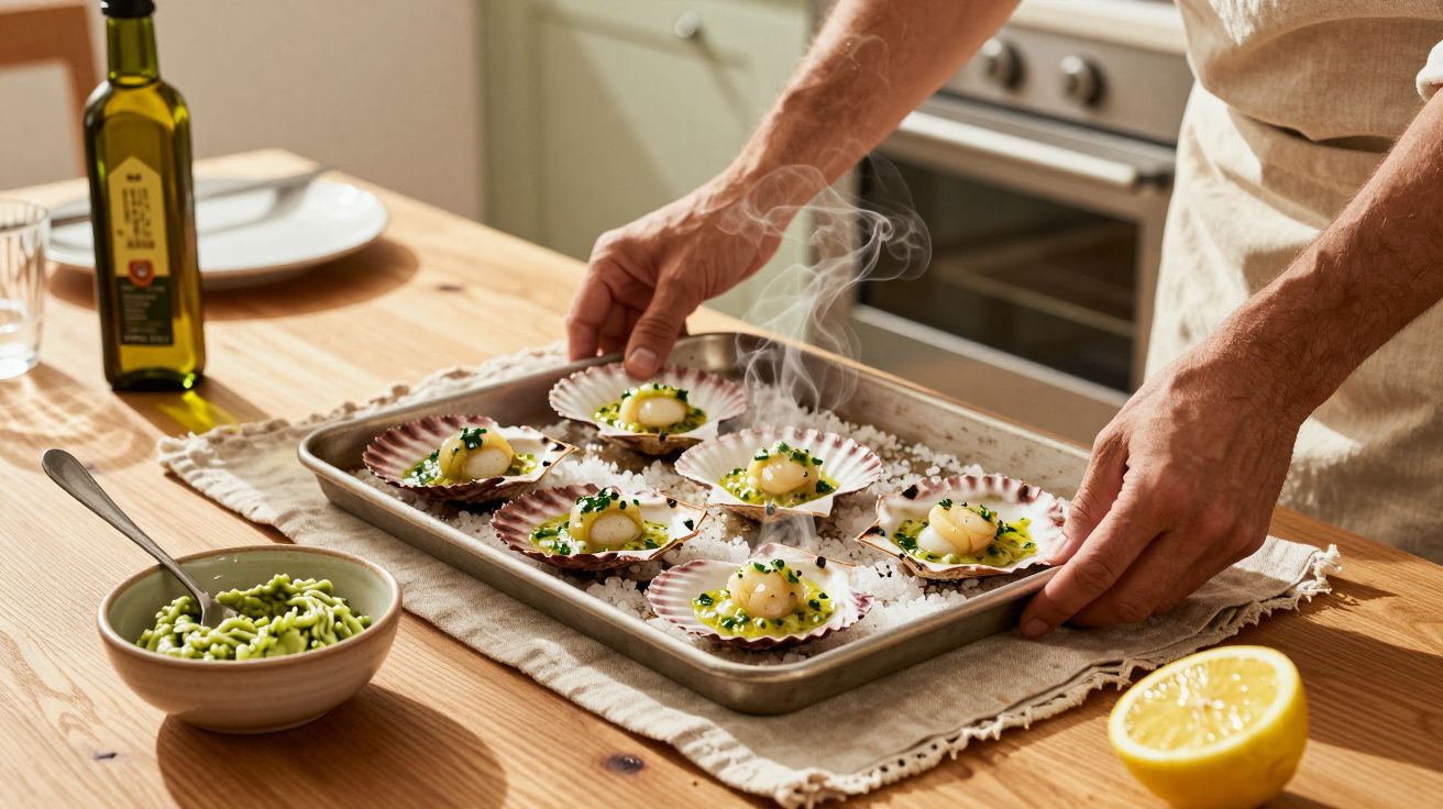 Mãos a servir vieiras quentes num tabuleiro, com molho verde, limão e azeite numa mesa de cozinha.