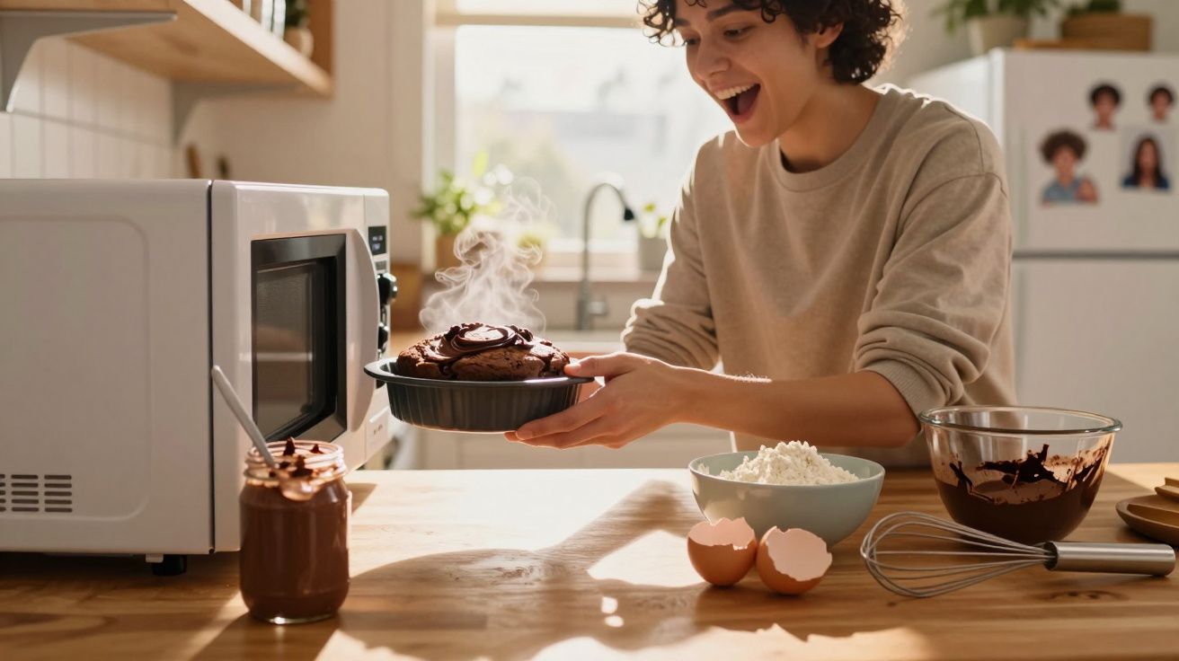 Mulher sorridente a retirar bolo de chocolate quente do micro-ondas numa cozinha luminosa.