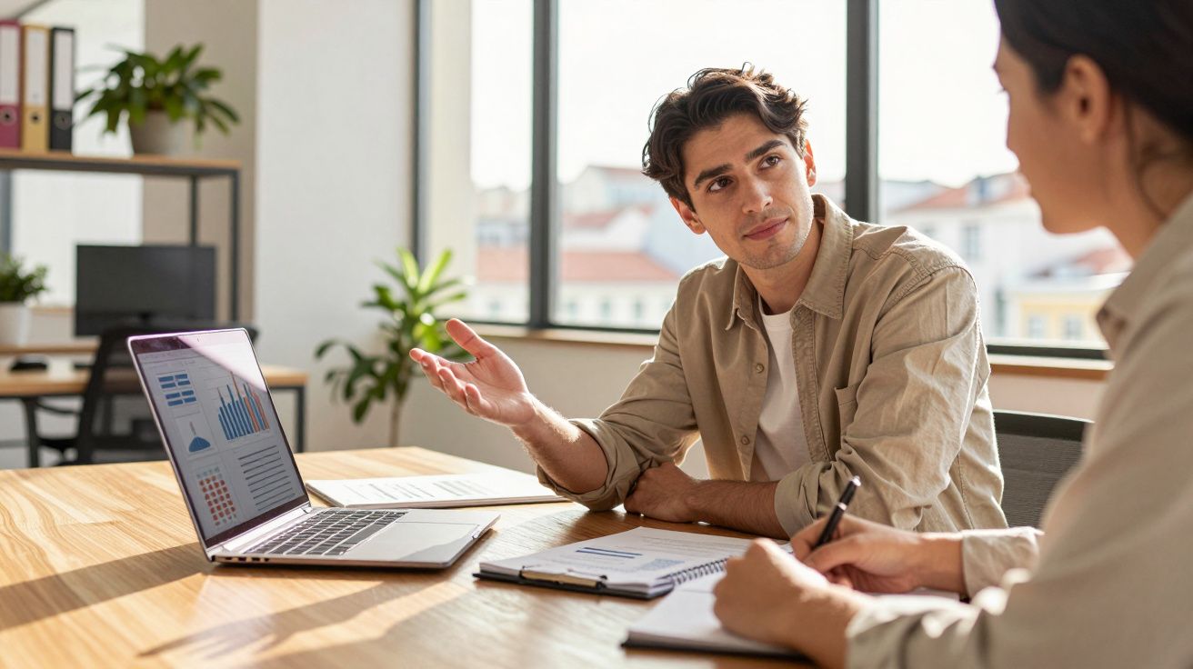 Dois profissionais discutem gráficos num escritório moderno com portátil e cadernos à mesa.