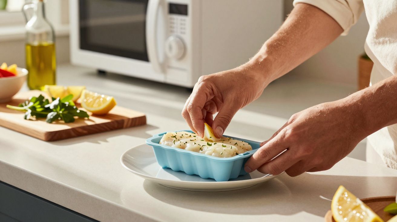 Pessoa a espremer limão sobre prato de marisco num balcão de cozinha moderna.