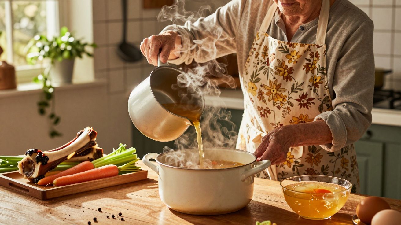 Pessoa idosa a preparar sopa numa cozinha iluminada com vegetais frescos e caldo a ser vertido para uma panela.