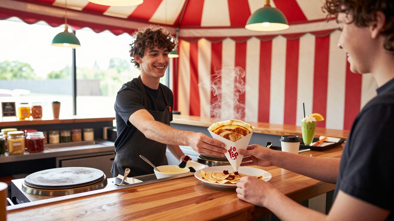 Pessoa a servir crepe quente num cone num quiosque com decoração às riscas vermelhas e brancas.