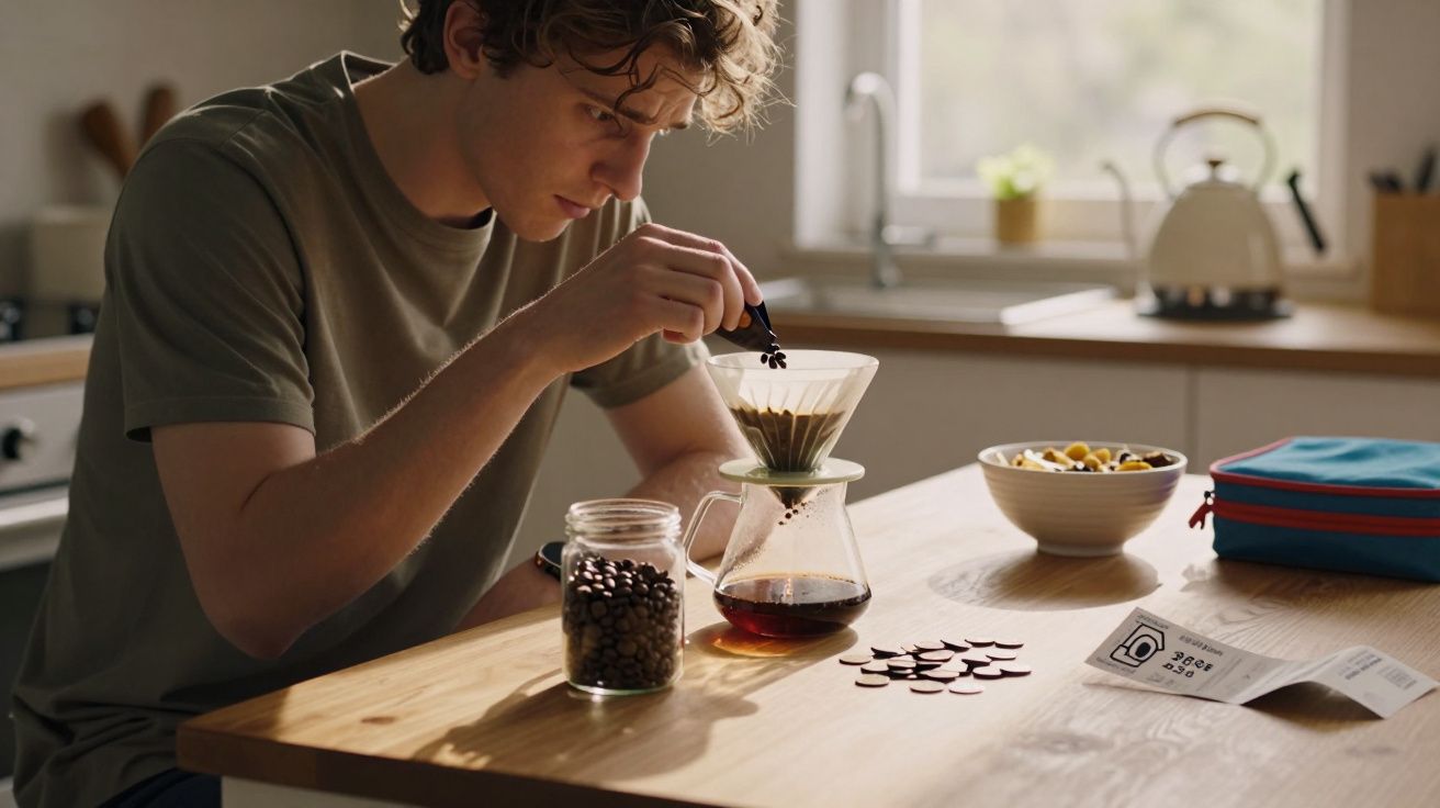 Jovem a preparar café de filtro numa cozinha luminosa, com jarro de grãos de café e tigela na mesa.