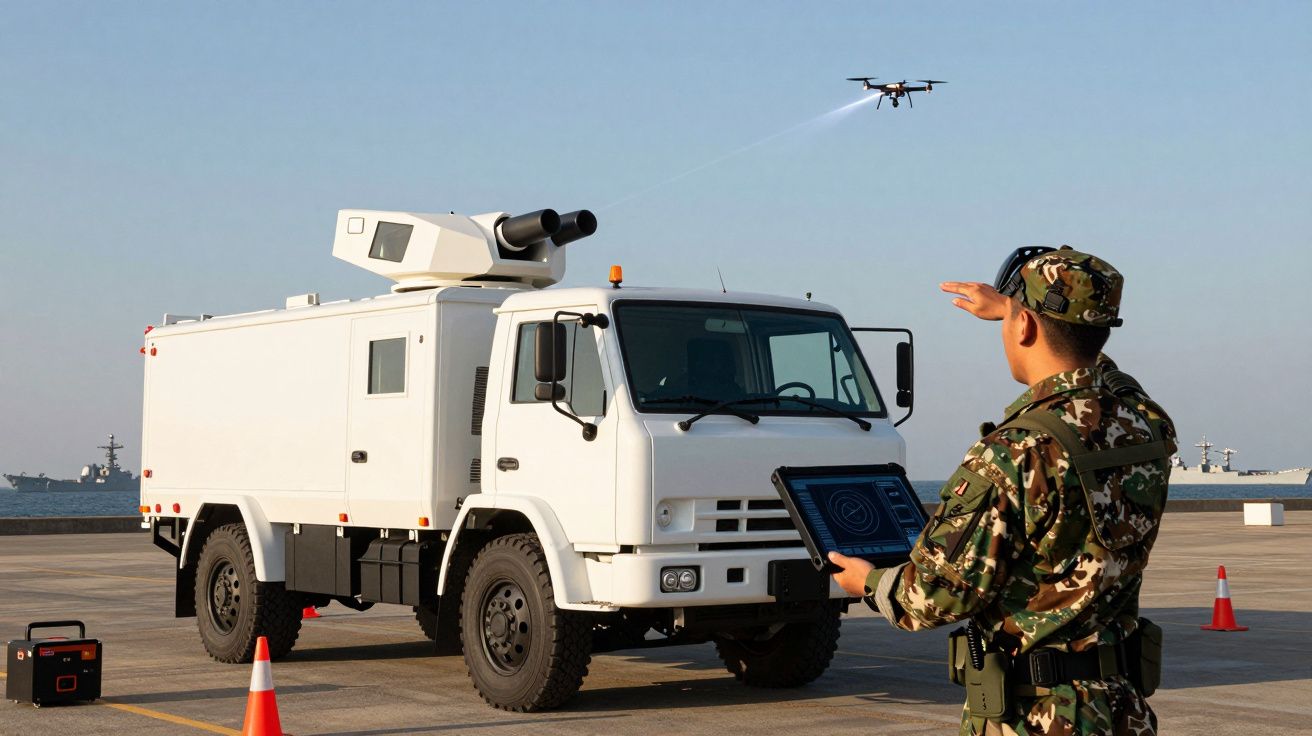 Soldado com equipamento camuflado controla drone com tablet perto de camião branco militar junto ao mar.