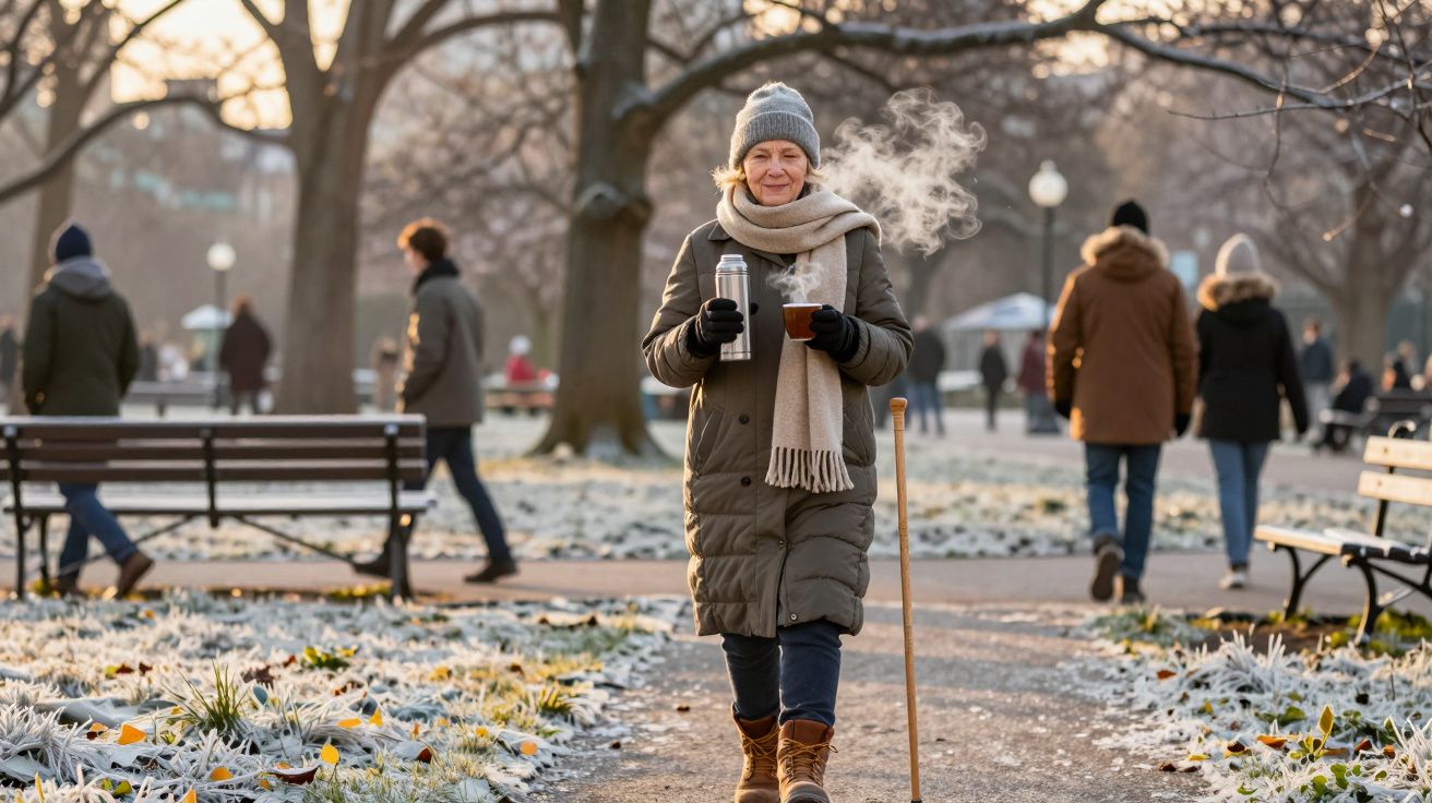 Mulher idosa com roupa de inverno caminha num parque gelado, segurando copo quente e garrafa térmica.