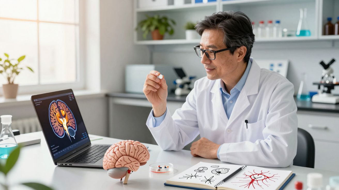Cientista em bata branca analisa imagem de cérebro no portátil e modelo anatómico numa mesa de laboratório.