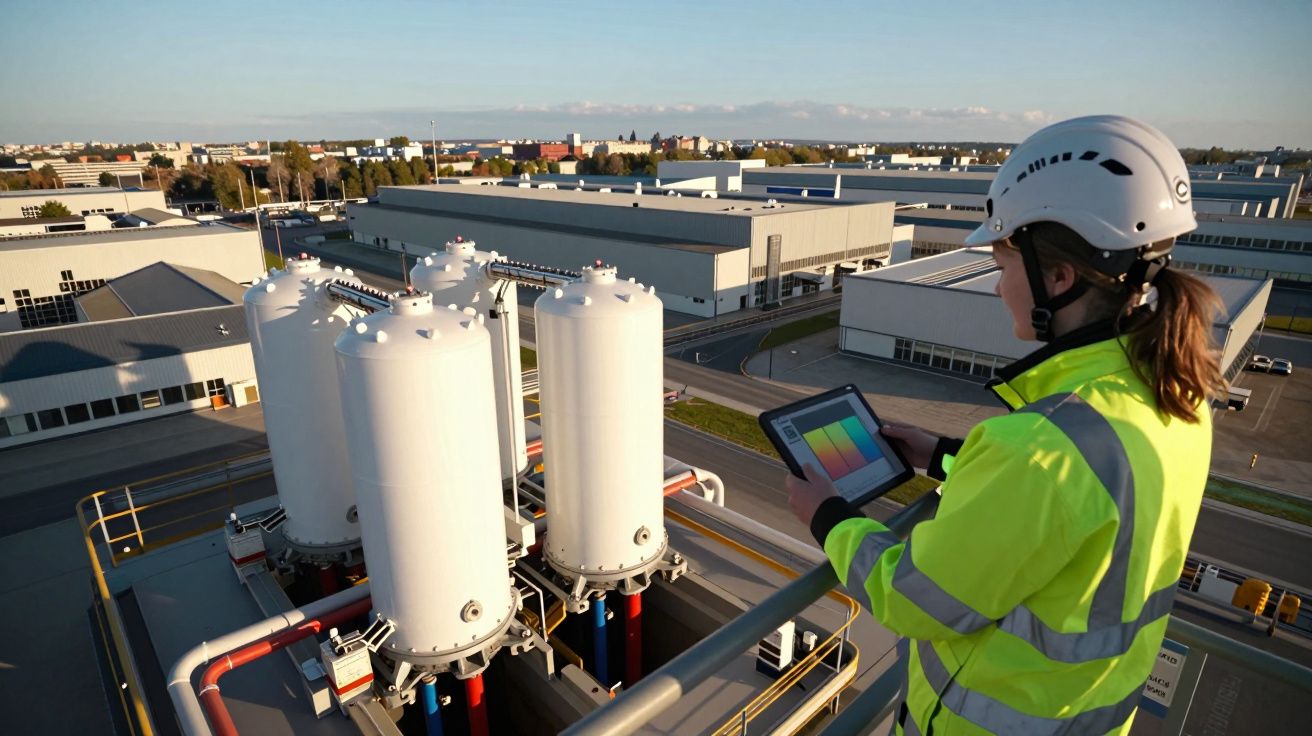 Trabalhadora com capacete e colete refletor usa tablet numa instalação industrial com tanques brancos.