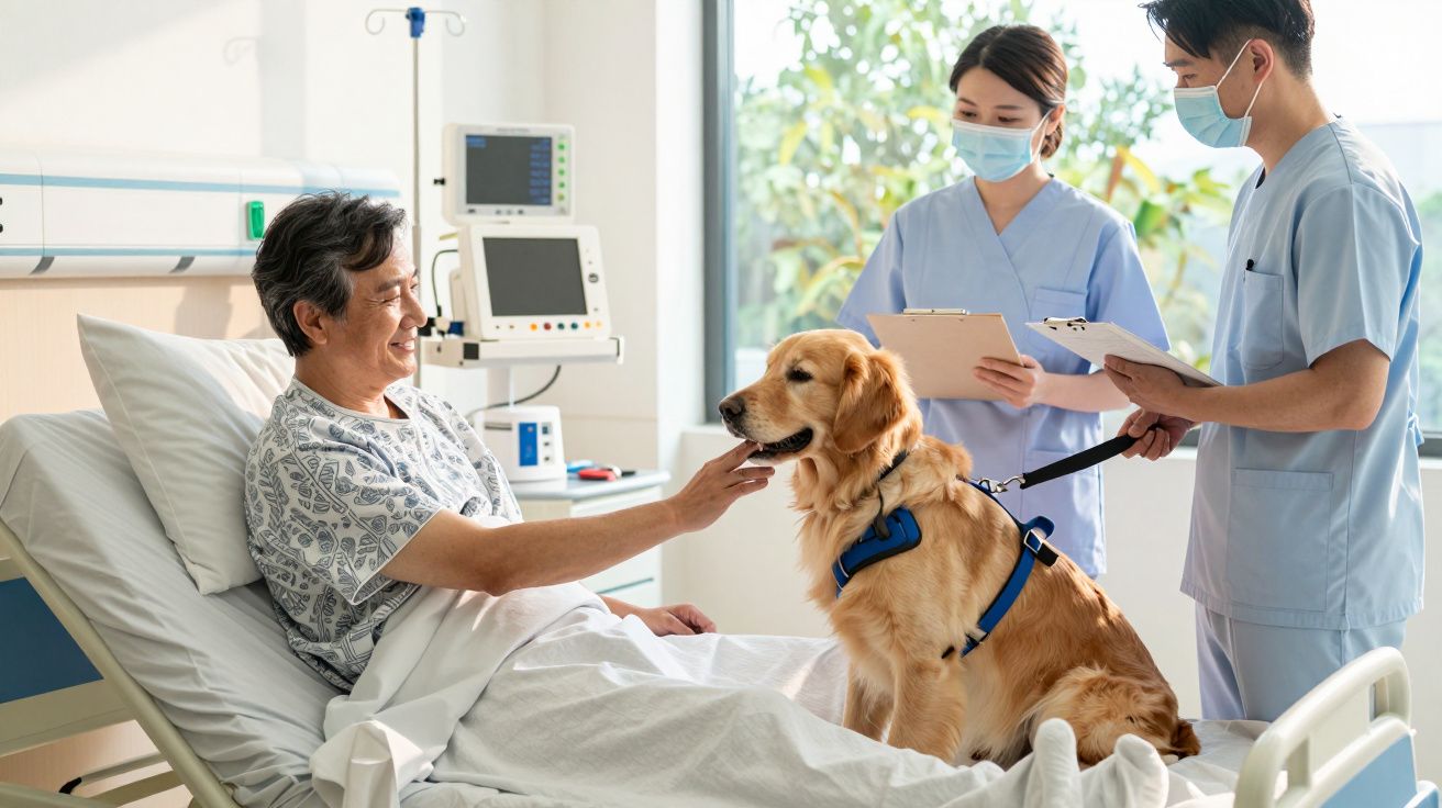 Paciente sorridente na cama hospitalar a acariciar cão terapêutico, com dois profissionais de saúde ao lado.