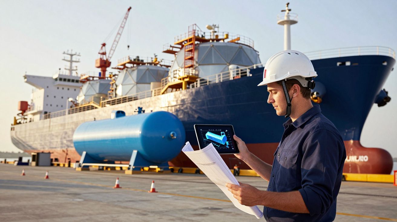 Homem com capacete e tablet avalia documentos à frente de navio e tanque grande num cais industrial.