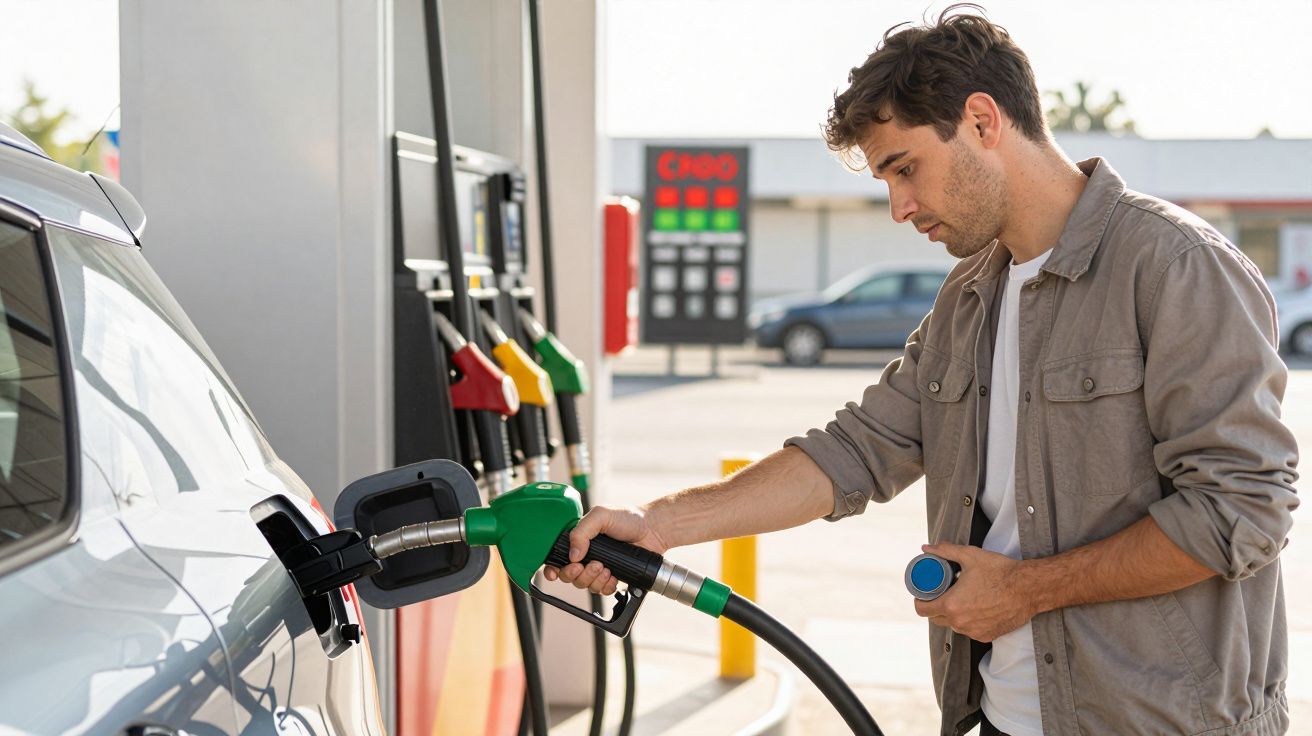 Homem a abastecer carro com gasolina numa bomba de combustível num posto de abastecimento.